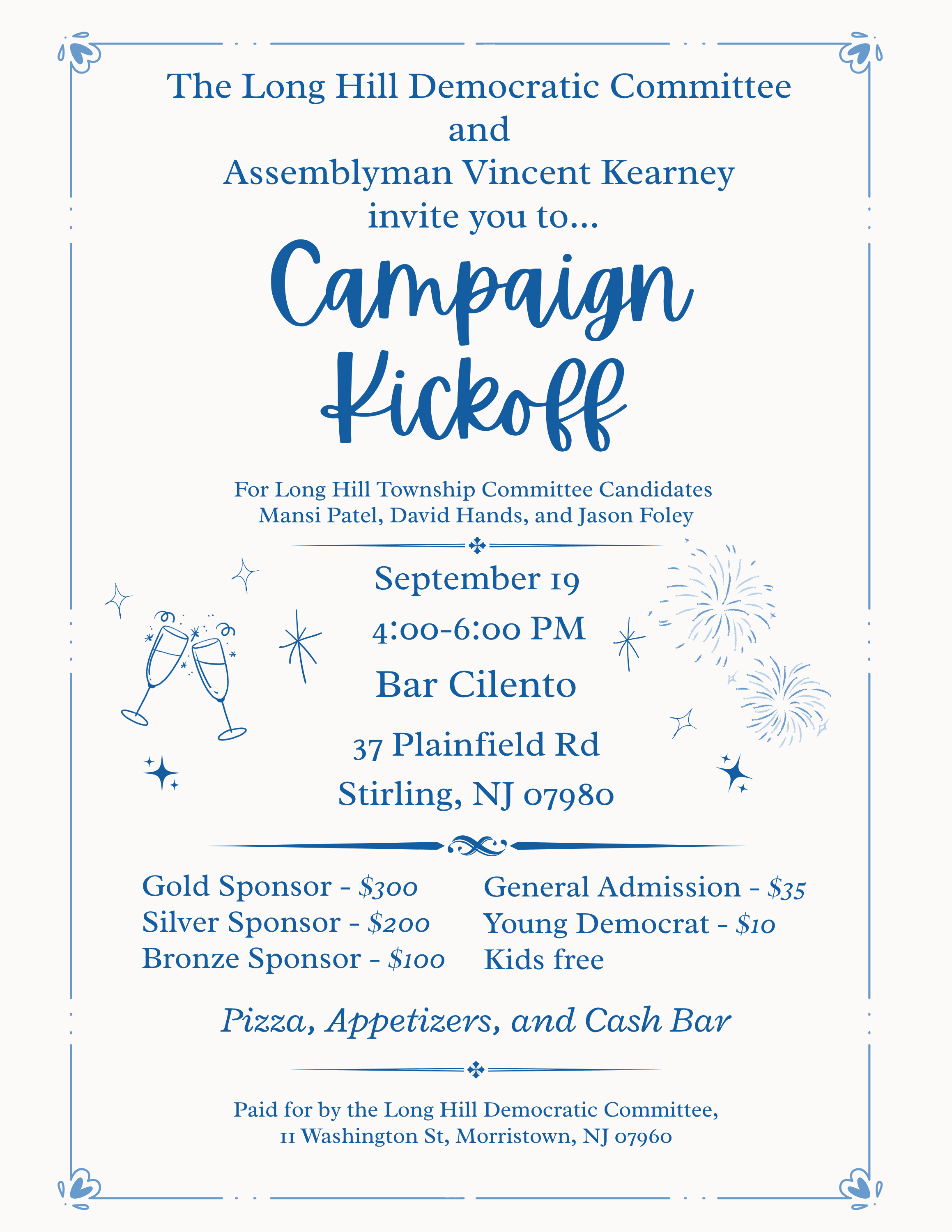 Bar Cilento - Campaign Kickoff for Mansi Patel, David Hands, and Jason Foley